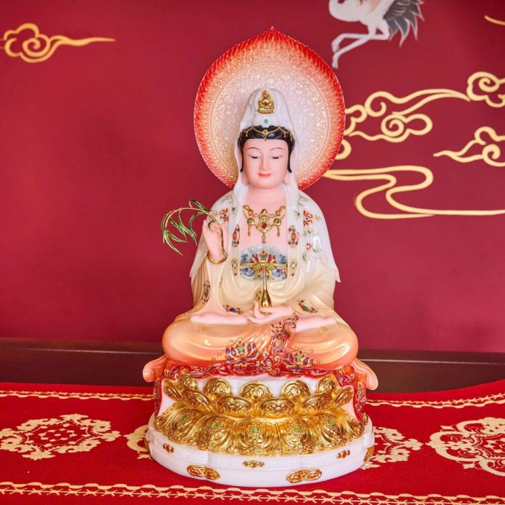 Tượng Phật Bà Quan Âm Đá Thạch Anh vẽ gấm 